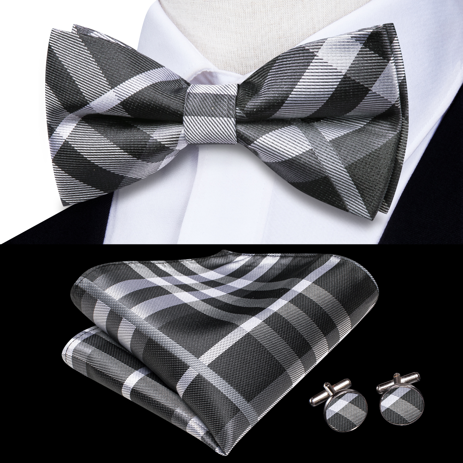 Hi-Tie Grey Plaid Jacquard Sil - Bow Tie Pre Tied ulasan dan harga